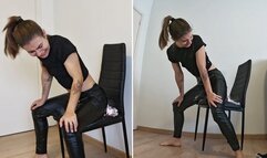 Nicky is glued to the chair, trying to escape and frustrated