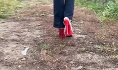 Cutting clips where a girl in different high-heeled shoes walks through the mud and crush her shoes