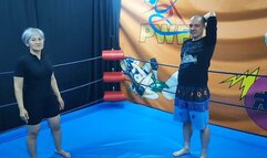 Asian girl wrestles and ties up a guy