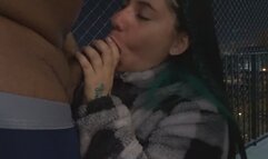 Qos Give a blowjob to her BBC Bull on the balcony