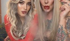 Bimbo blondes chain smoking 2 marlboro menthol in a row wearing skintight leather pants!