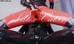 Rubber cowgirl rides slave's big cock