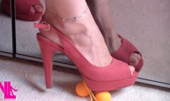 Ballbusting with vagina balls and pink peeptoe pumps