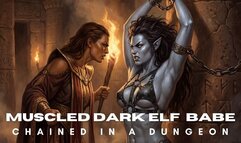 Fantasy Muscular Dark Elf Woman struggles as she is held captive in bondage chains in a bdsm dungeon