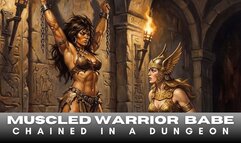 Barbarian muscled warrior woman flexes her hot body for her perverted mistress as she is held captive in BDSM bondage chains in a dark dungeon copy