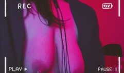 Milf plays with saggy pierced nipples chained to her collar