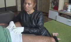 Sensitive handjob in white gloves hj