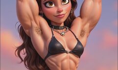 A muscular animated bodybuilder babe shows us her hairy armpits and muscles as she poses for you copy