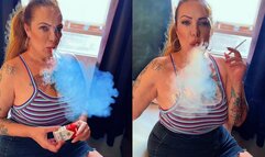 Custom - Smoking in my room wearing a denim mini skirt, ponytail, and natural light - Marlboro Reds 100