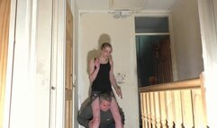 Chelsea Shoulder Ride On The Landing In a Skirt Whilst Smoking A Cigarette