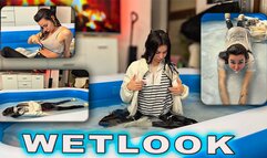 Cute girl fully clothed in jeans, white socks & leather jacket dives into 1500L home pool - heavy soaked outfit clings, white cotton layers transparent, nipples through wet look bra, panties hug pussy, wet feet heels socks, playful strip and swim