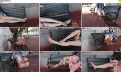 After class, Xiaowen, wearing sexy sheer skin-colored stockings, sat on a bench on campus, showing off her long legs and beautiful feet.