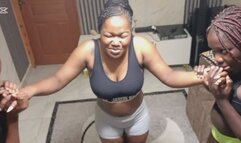 Finger biting between three beautiful girls in their sexy shorts and black sports bras