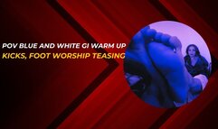 POV blue and white gi warm up, kicks ballbsuting and footjob