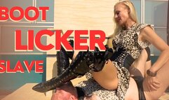 Bootlicker slave training - By Mistress Nicole van Kuppeck with thigh high black boots worship and faceslapping.
