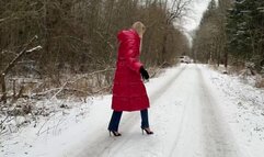 High heels mules on ice, high heels on ice, high heels in snow, girl walking on high heels on ice, slippery high heels