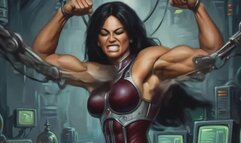 Sexy scifi woman with muscular body and hairy armpits is tickled by feather dusters in BDSM bondage device