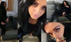 Leather-Clad American MILF Gets Cum on Her Fur Vest After a Deep Blowjob