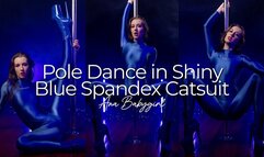 Pole Dance in Shiny Blue Spandex Catsuit