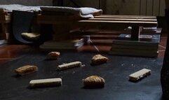 licking crushed food (fullbody view)