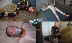 Au revoir Gwen - Leon & Gwen - 1080p - Perverted man tie a boy in a leather and lycra catsuit with his legs spread open on the bed, on the chair, blindfolds him, puts a tape wrap around him filled with stuff and makes him drool profusely.