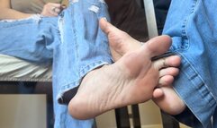 Girls In Jeans Ama Rio & Natasha Ty Sit At Table Dangling Sandals & Play Footsies | Girls Playing Footsies | Barefoot Soles