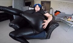 Farting in black leather pants.