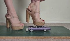 Giantess Lily Kink toy car crush of a 1965 Chevrolet Impala in big chunky heels Close ground view