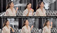 Side view smoking before bedtime! Nose exhales, residual exhales, audible inhales and more!