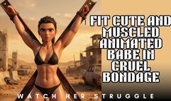 Animated cute bikini babe so sexy its painful tied to a x frame in BDSM bondage fantasy struggle