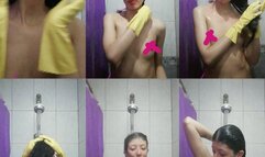 Clean Fetish Morning Shower with Rubber Gloves and Long Hair