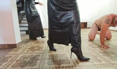 Whipped to shreds by two beautiful tormenters in long leather skirts Adrianna and Nicolle