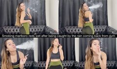 Smoking marlboro reds wet after being caught by the rain coming back from gym