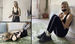 The annoying trainer is bound and tape gagged