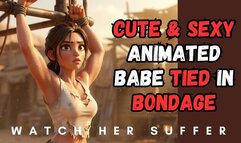 Animated cute torn vest babe so sexy she needs to be punished tied to a x frame in BDSM bondage fantasy struggle