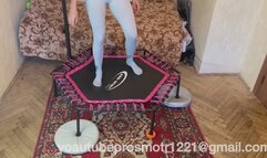 Nastya is jumping on a trampoline, with pillows and balls under her feet. jumping legs foot fetish crush fetish