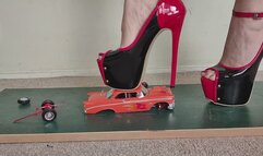 Giantess Lily Kink toy car crush of a 1956 Chevy Bel Air in big mega heels Close ground view