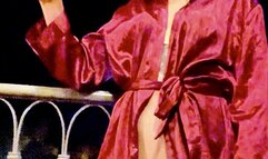 Midnight Balcony Seduction - Bordó Silk Robe Smoking & Disco Background