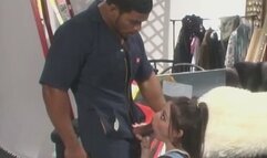 Buff black dude slides his cock deep inside brunette whores pussy from behind