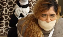 College Co Ed Olivia Torn Sheet Bound, Massively Gagged & Blindfolded in: Bondage Games Gone Wrong! RE ENCODE 2025