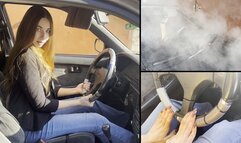 Nastya revs hard and makes a lot of smoke
