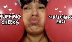 Puffing out my cheeks and stretching my face with balloons