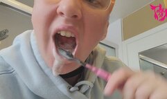 Back to basics teeth brushing with lots of spit drool and foam