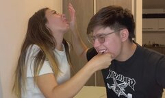 Finger Biting: Painful and with teeth marks: A woman and a man compete to see who bites harder.