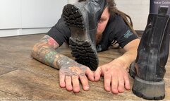 Crush My slave's palms and fingers in My dirty winter boots