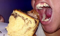 Eating cake and showing you my teeth after eating (Foreground) Natural and healthy teeth