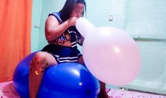 Sexy Juju Blows To Pop 2 Belbal Balloons While Riding To Pop A Big Blue Balloon
