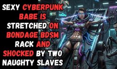 Cyberpunk fantasy babe is stretched out on BDSM rack and electro shocked by two naughty sex slaves