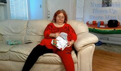 Bbw mature redheaded Nurse Vicki Blows up inflatable Snowman for you! Mp4