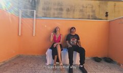 Blind man has a lucky day sitting in a public place.